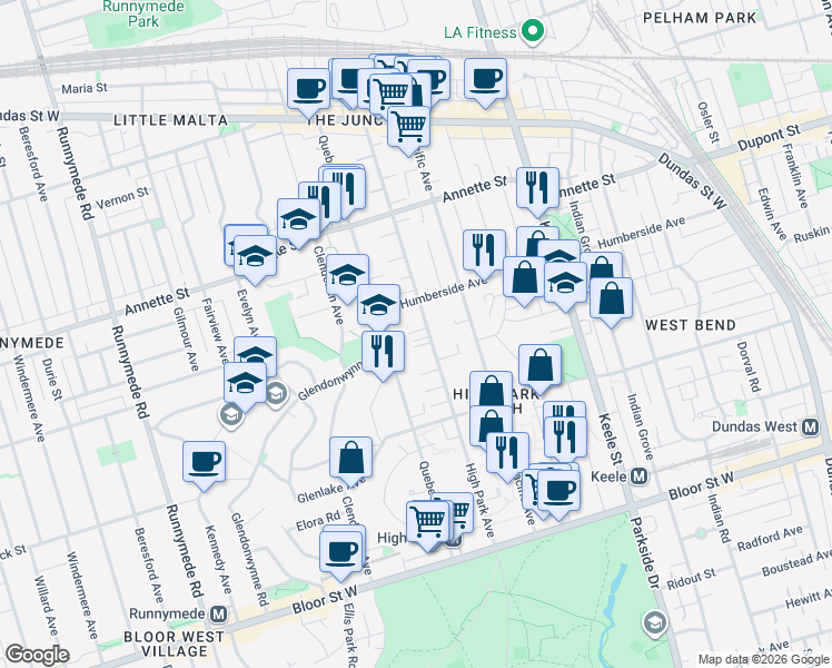 map of restaurants, bars, coffee shops, grocery stores, and more near 178 High Park Avenue in Toronto
