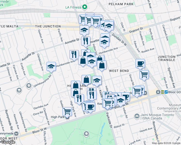 map of restaurants, bars, coffee shops, grocery stores, and more near 1018 Keele Street in Toronto