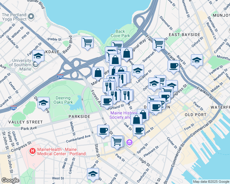 map of restaurants, bars, coffee shops, grocery stores, and more near 44 Hanover Street in Portland
