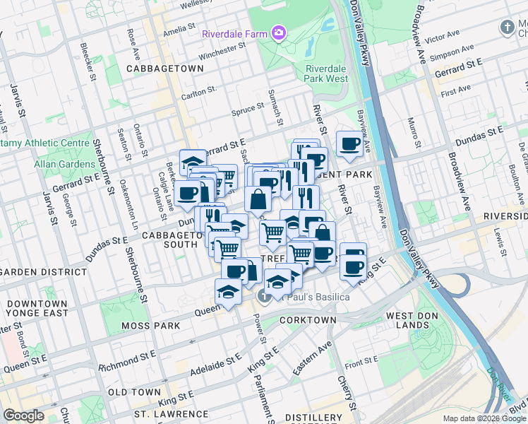 map of restaurants, bars, coffee shops, grocery stores, and more near 225 Sackville Street in Toronto