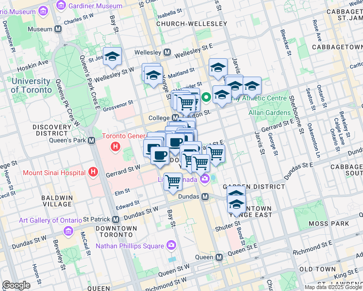map of restaurants, bars, coffee shops, grocery stores, and more near 75-384 Yonge Street in Toronto