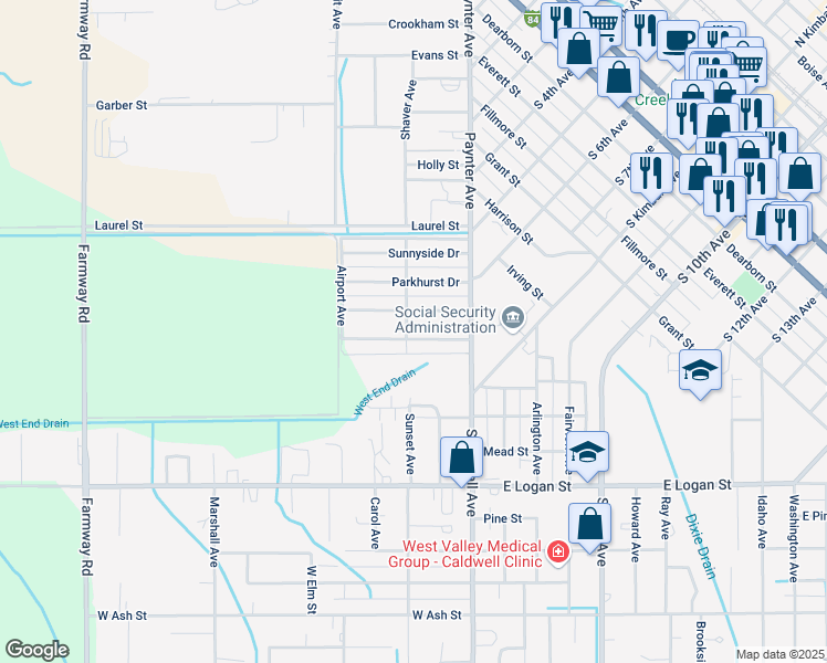 map of restaurants, bars, coffee shops, grocery stores, and more near 122 Palo Alto Drive in Caldwell