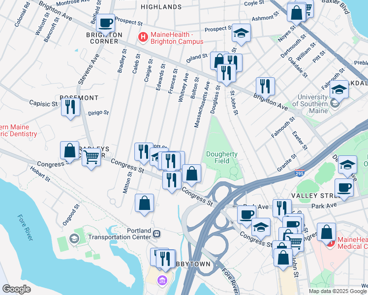 map of restaurants, bars, coffee shops, grocery stores, and more near 60 Massachusetts Avenue in Portland