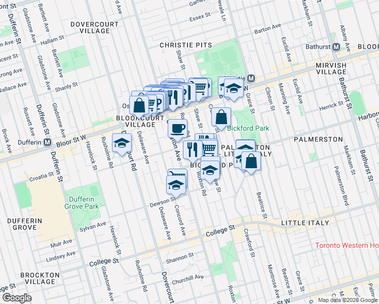 map of restaurants, bars, coffee shops, grocery stores, and more near 446 Roxton Road in Toronto
