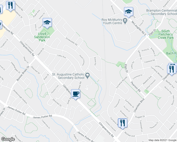 map of restaurants, bars, coffee shops, grocery stores, and more near 3 Vivians Crescent in Brampton