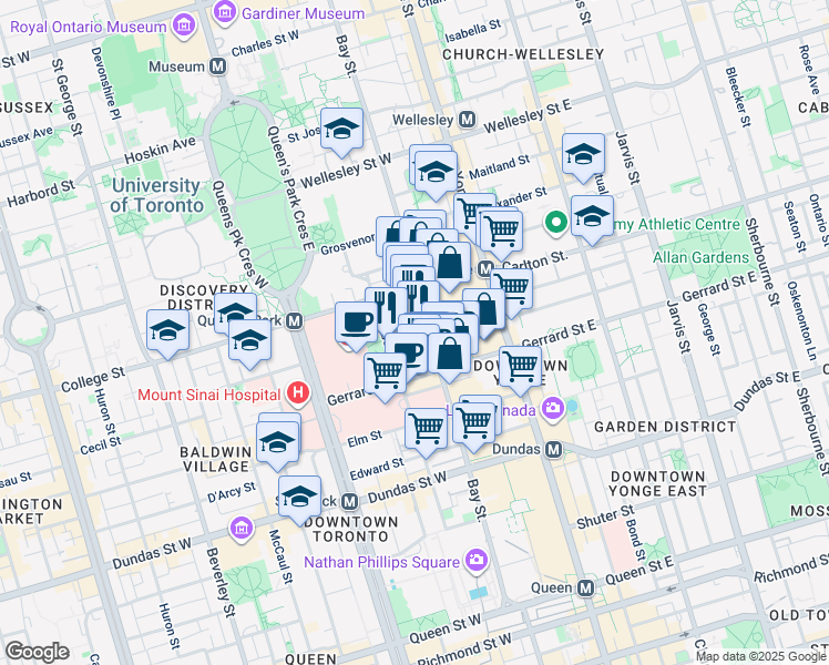 map of restaurants, bars, coffee shops, grocery stores, and more near 750 Bay Street in Toronto