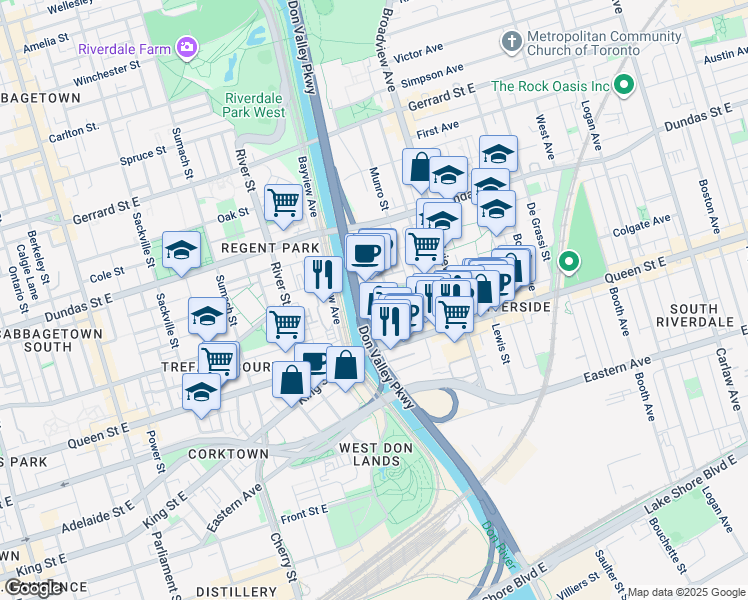 map of restaurants, bars, coffee shops, grocery stores, and more near in Toronto