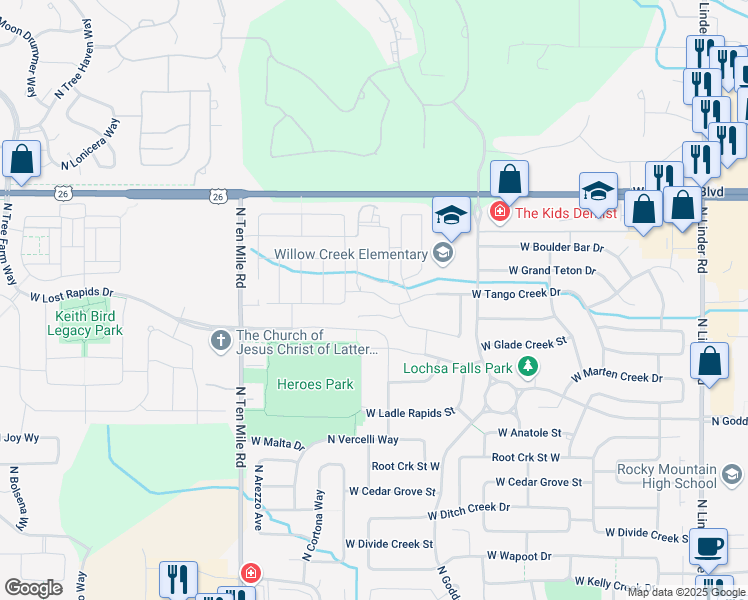 map of restaurants, bars, coffee shops, grocery stores, and more near 2796 West Lost Rapids Drive in Meridian
