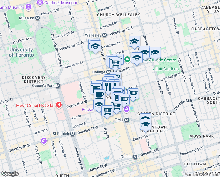 map of restaurants, bars, coffee shops, grocery stores, and more near 388 Yonge Street in Toronto