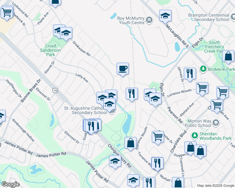 map of restaurants, bars, coffee shops, grocery stores, and more near 12 Vivians Crescent in Brampton