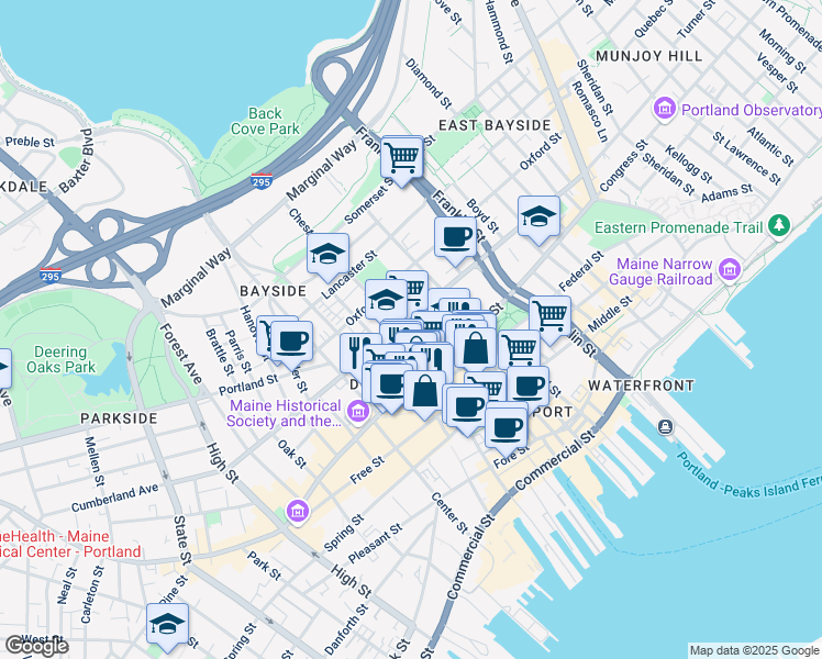 map of restaurants, bars, coffee shops, grocery stores, and more near 21 Chestnut Street in Portland