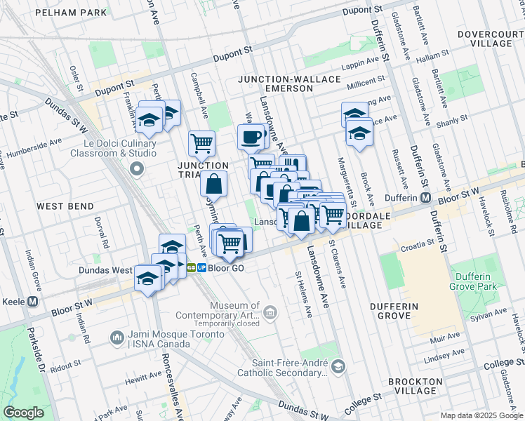 map of restaurants, bars, coffee shops, grocery stores, and more near in Toronto