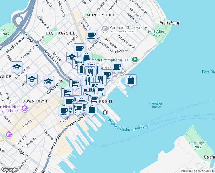 map of restaurants, bars, coffee shops, grocery stores, and more near 6436 Eastern Promenade Trail in Portland