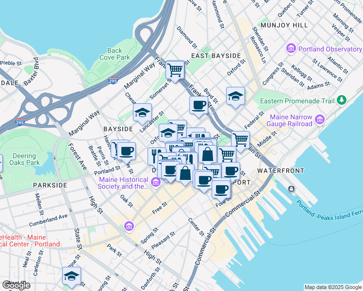 map of restaurants, bars, coffee shops, grocery stores, and more near 284 Cumberland Avenue in Portland