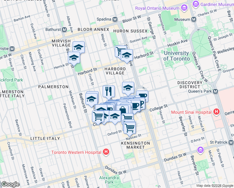 map of restaurants, bars, coffee shops, grocery stores, and more near in Toronto