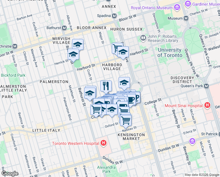 map of restaurants, bars, coffee shops, grocery stores, and more near 67 Brunswick Avenue in Toronto