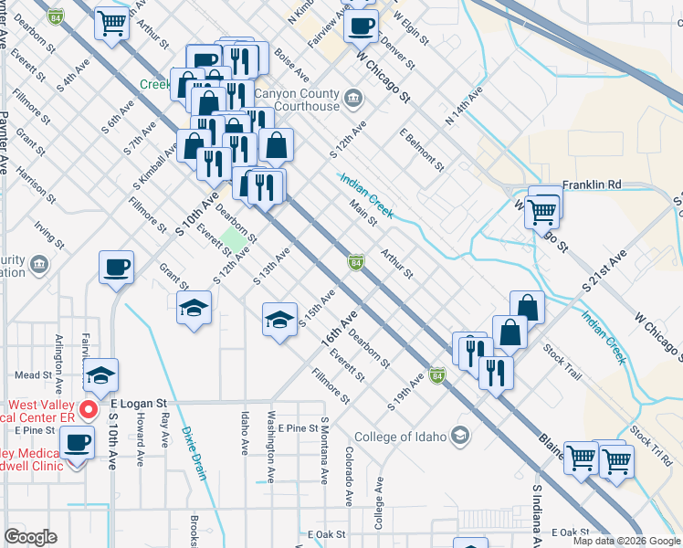 map of restaurants, bars, coffee shops, grocery stores, and more near 1515 Interstate 84 Business Loop in Caldwell