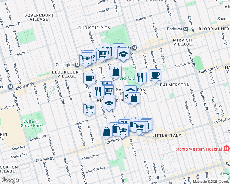 map of restaurants, bars, coffee shops, grocery stores, and more near in Toronto