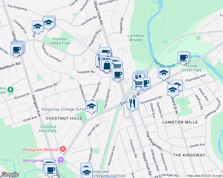 map of restaurants, bars, coffee shops, grocery stores, and more near in Toronto