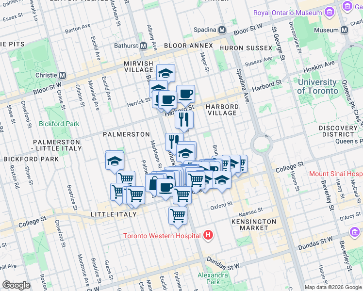 map of restaurants, bars, coffee shops, grocery stores, and more near 188 Lippincott Street in Toronto