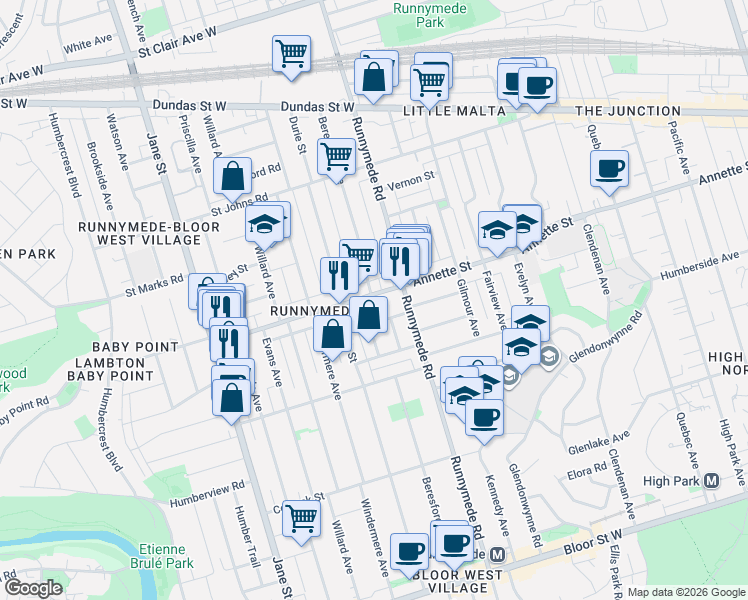map of restaurants, bars, coffee shops, grocery stores, and more near 589 Annette Street in Toronto