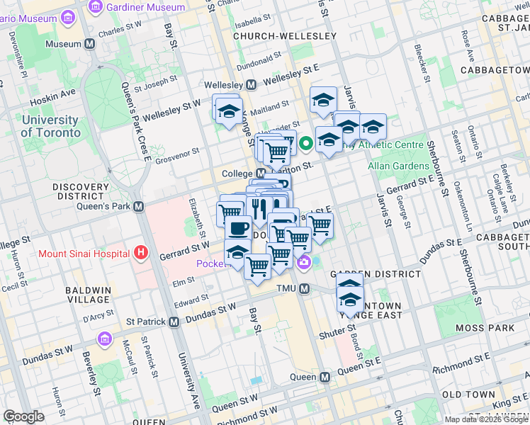 map of restaurants, bars, coffee shops, grocery stores, and more near 386 Yonge Street in Toronto