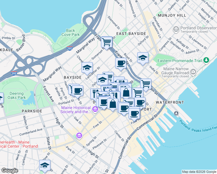 map of restaurants, bars, coffee shops, grocery stores, and more near 284 Cumberland Avenue in Portland