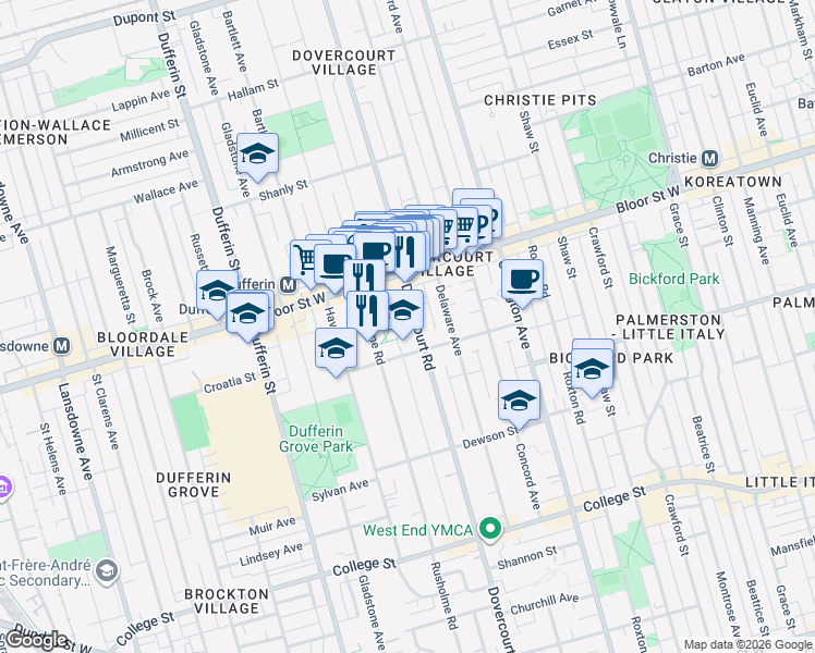 map of restaurants, bars, coffee shops, grocery stores, and more near 730 Dovercourt Road in Toronto