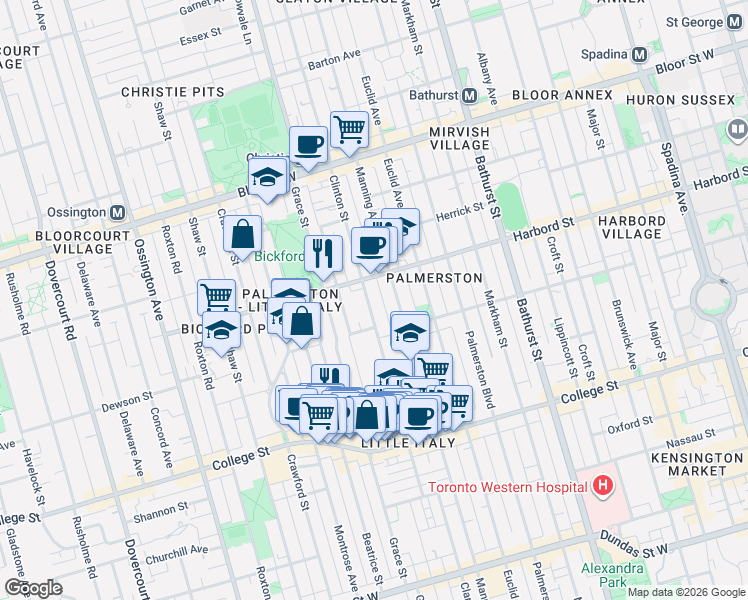 map of restaurants, bars, coffee shops, grocery stores, and more near in Toronto