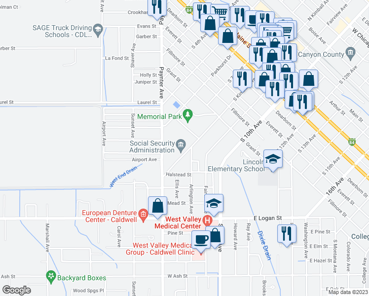 map of restaurants, bars, coffee shops, grocery stores, and more near 1114 South Kimball Avenue in Caldwell