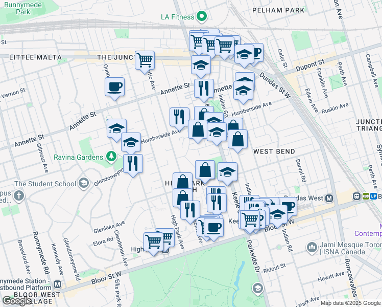 map of restaurants, bars, coffee shops, grocery stores, and more near 61 Hillsview Avenue in Toronto
