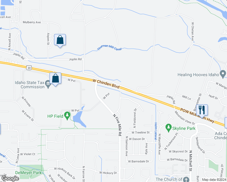 map of restaurants, bars, coffee shops, grocery stores, and more near 5951 North Willow Cliff Way in Boise