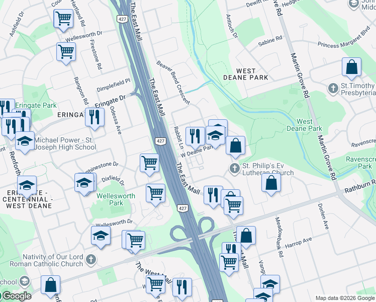 map of restaurants, bars, coffee shops, grocery stores, and more near 6 West Deane Park Drive in Toronto