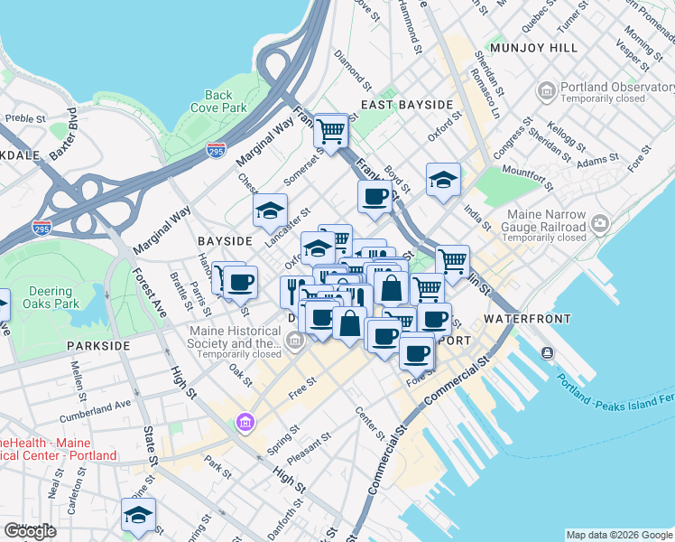 map of restaurants, bars, coffee shops, grocery stores, and more near 284 Cumberland Avenue in Portland