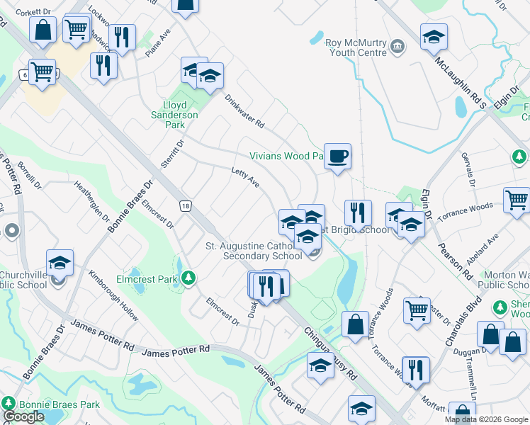 map of restaurants, bars, coffee shops, grocery stores, and more near 3 Mullis Crescent in Brampton