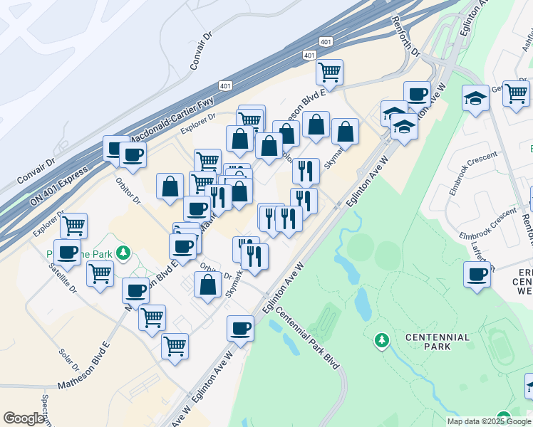 map of restaurants, bars, coffee shops, grocery stores, and more near 2645 Skymark Avenue in Mississauga