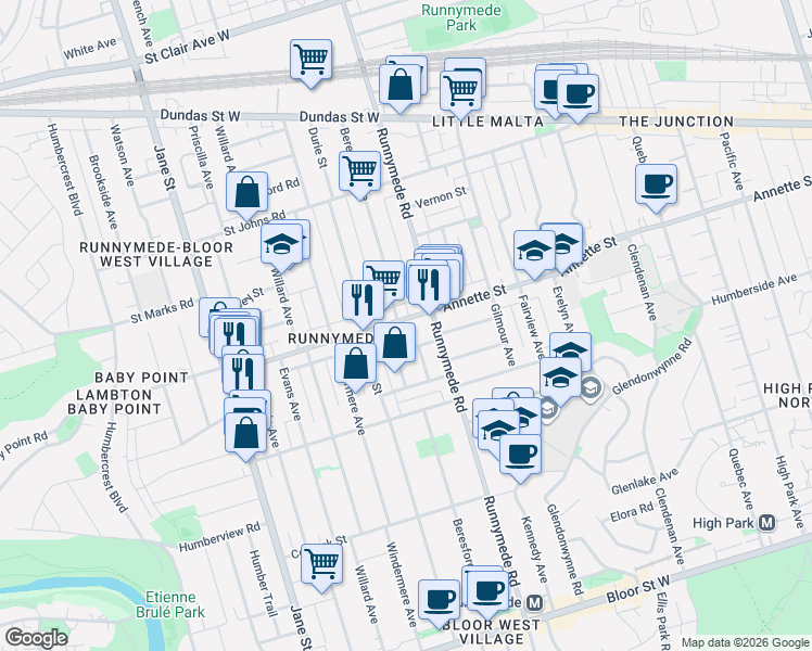 map of restaurants, bars, coffee shops, grocery stores, and more near 583 Annette Street in Toronto