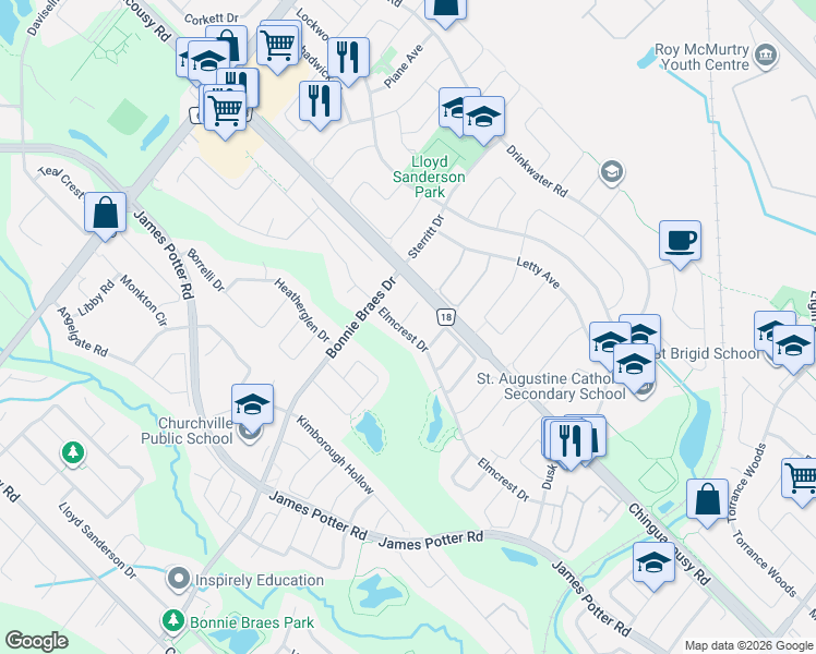 map of restaurants, bars, coffee shops, grocery stores, and more near 75 Elmcrest Drive in Brampton
