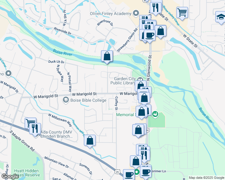 map of restaurants, bars, coffee shops, grocery stores, and more near 8250 West Marigold Street in Garden City