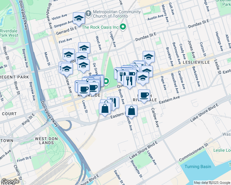 map of restaurants, bars, coffee shops, grocery stores, and more near 93 Empire Avenue in Toronto