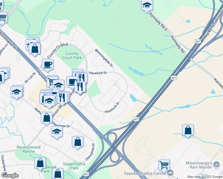 map of restaurants, bars, coffee shops, grocery stores, and more near 23 Blackmere Circle in Brampton