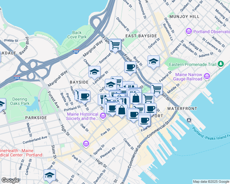 map of restaurants, bars, coffee shops, grocery stores, and more near 274 Cumberland Avenue in Portland