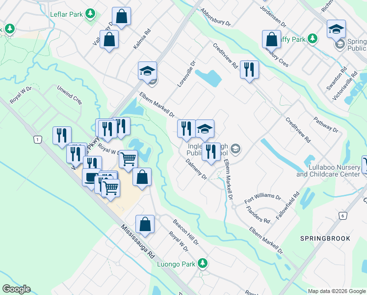 map of restaurants, bars, coffee shops, grocery stores, and more near 39 Dalmeny Drive in Brampton