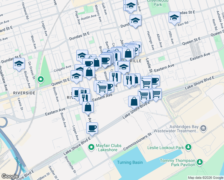 map of restaurants, bars, coffee shops, grocery stores, and more near 13 Winnifred Avenue in Toronto