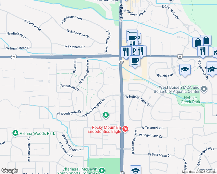 map of restaurants, bars, coffee shops, grocery stores, and more near 13982 West Halifax Court in Boise