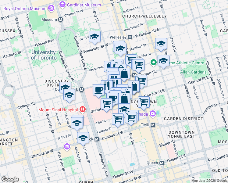 map of restaurants, bars, coffee shops, grocery stores, and more near 750 Bay Street in Toronto