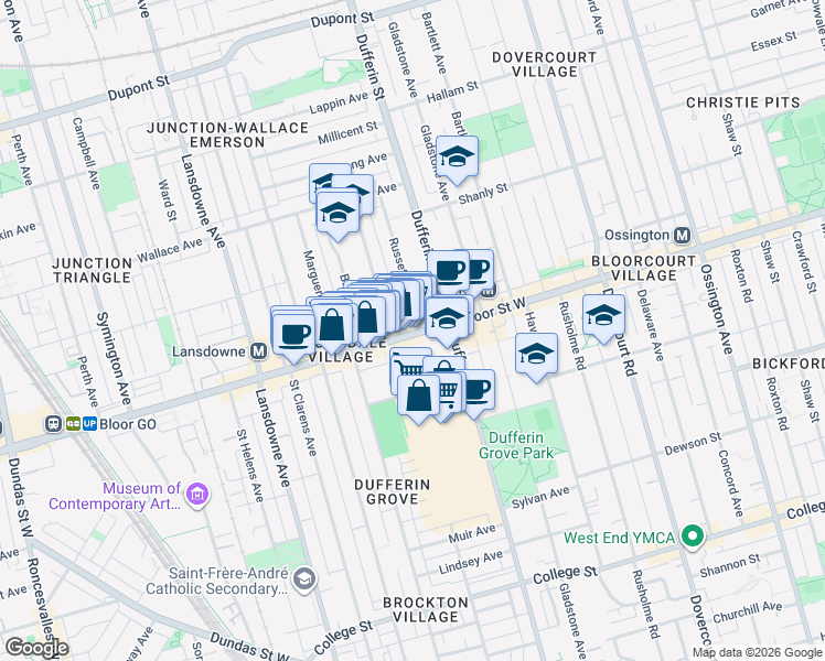 map of restaurants, bars, coffee shops, grocery stores, and more near 1141 Bloor Street West in Toronto