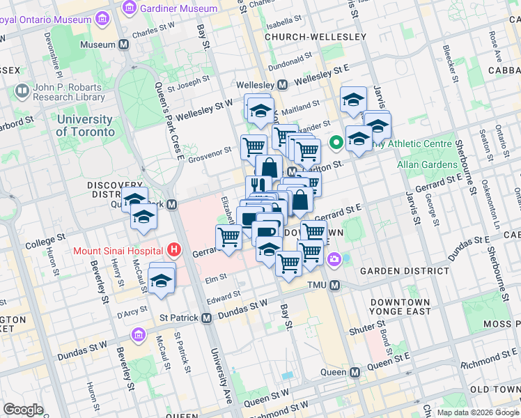 map of restaurants, bars, coffee shops, grocery stores, and more near 761 Bay Street in Toronto