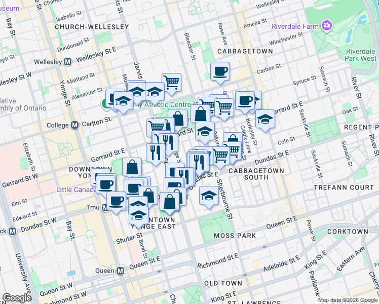 map of restaurants, bars, coffee shops, grocery stores, and more near 100 Pembroke Street in Toronto