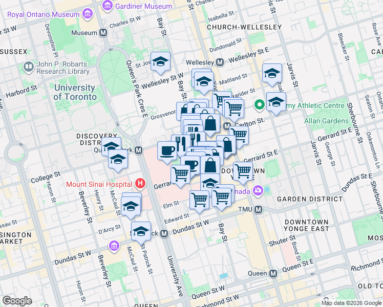 map of restaurants, bars, coffee shops, grocery stores, and more near 750 Bay Street in Toronto